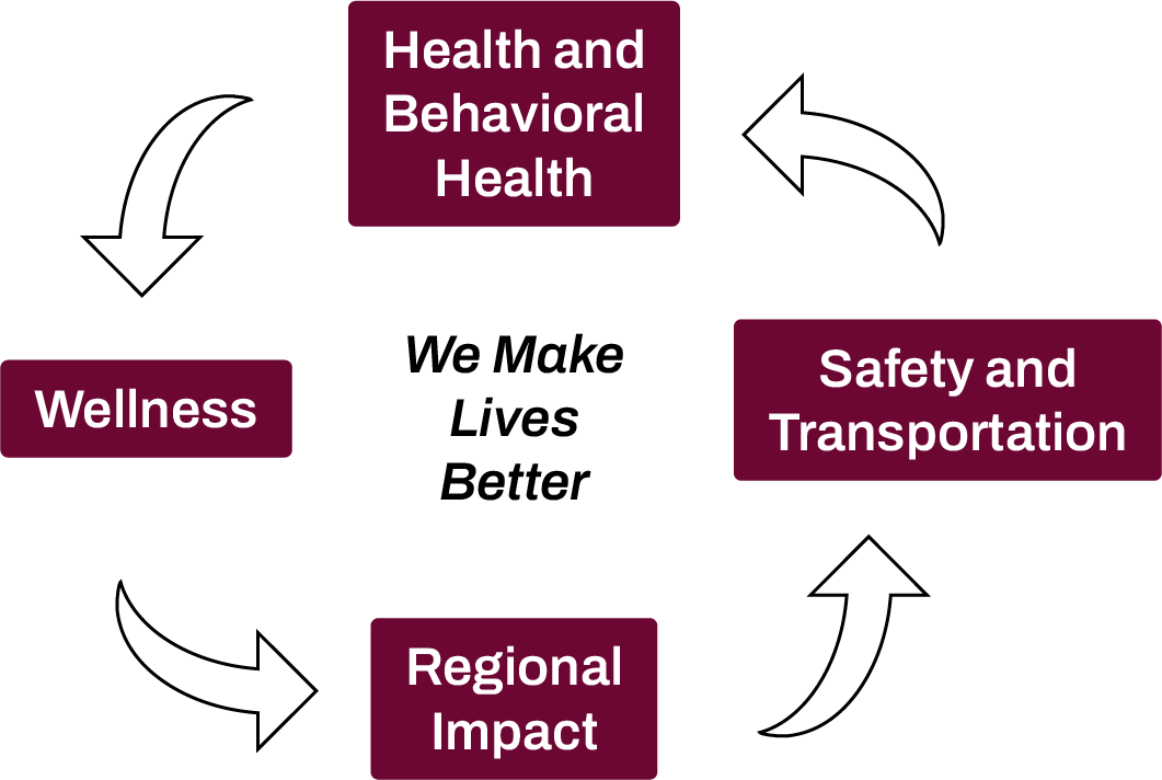 Organizational circles representing the areas of the College of Health And Human Sciences including "Wellness, Health and Behavioral Health, Safety and Transportation" and their impact on the region.